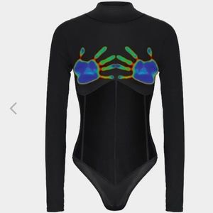 High-neck Sexy Mesh Long-sleeved Rave Party Bodysuit - Thermal Palms -SMALL